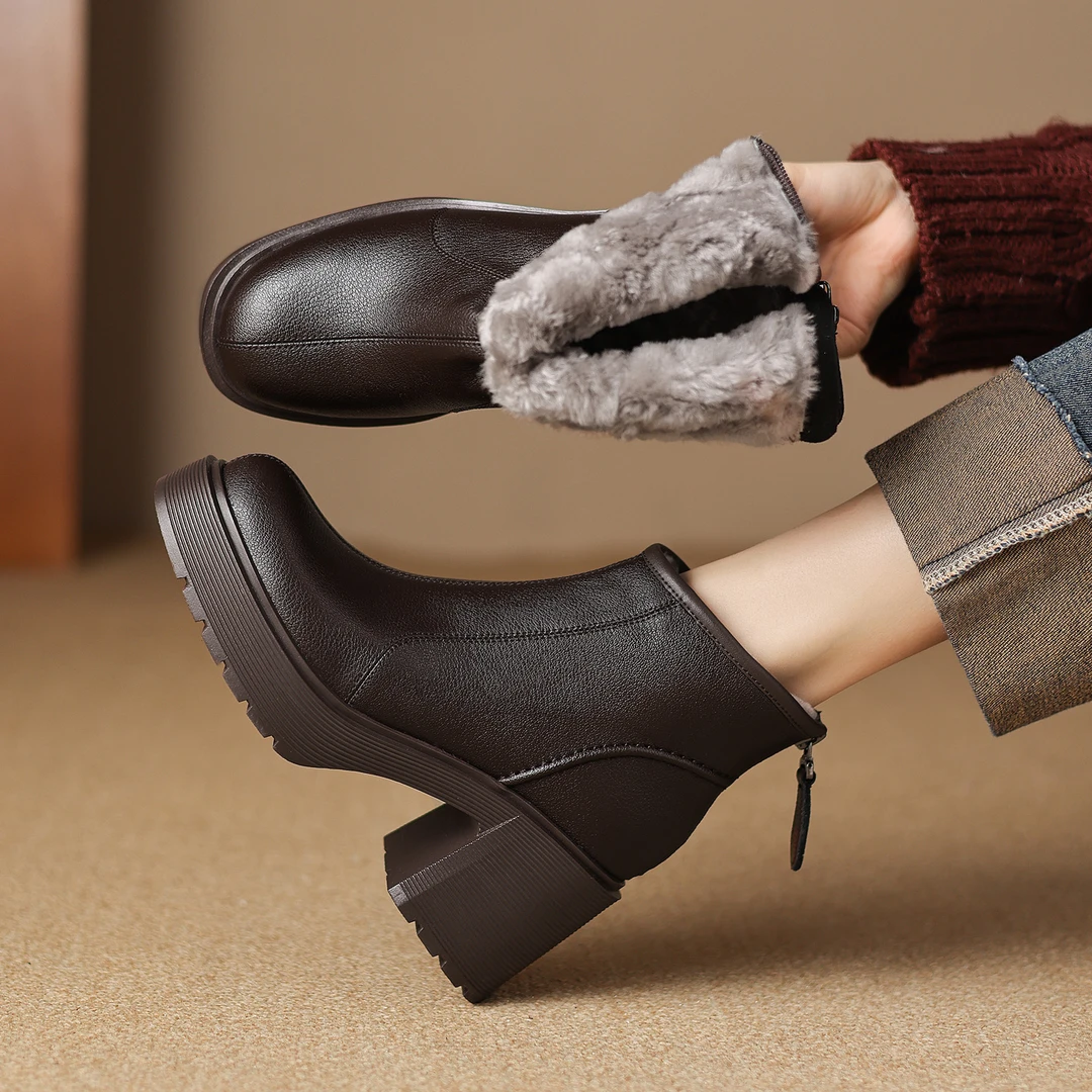 修悦~8cm粗跟短靴小个子加绒加厚毛毛雪地靴羊羔毛厚底马丁靴短靴