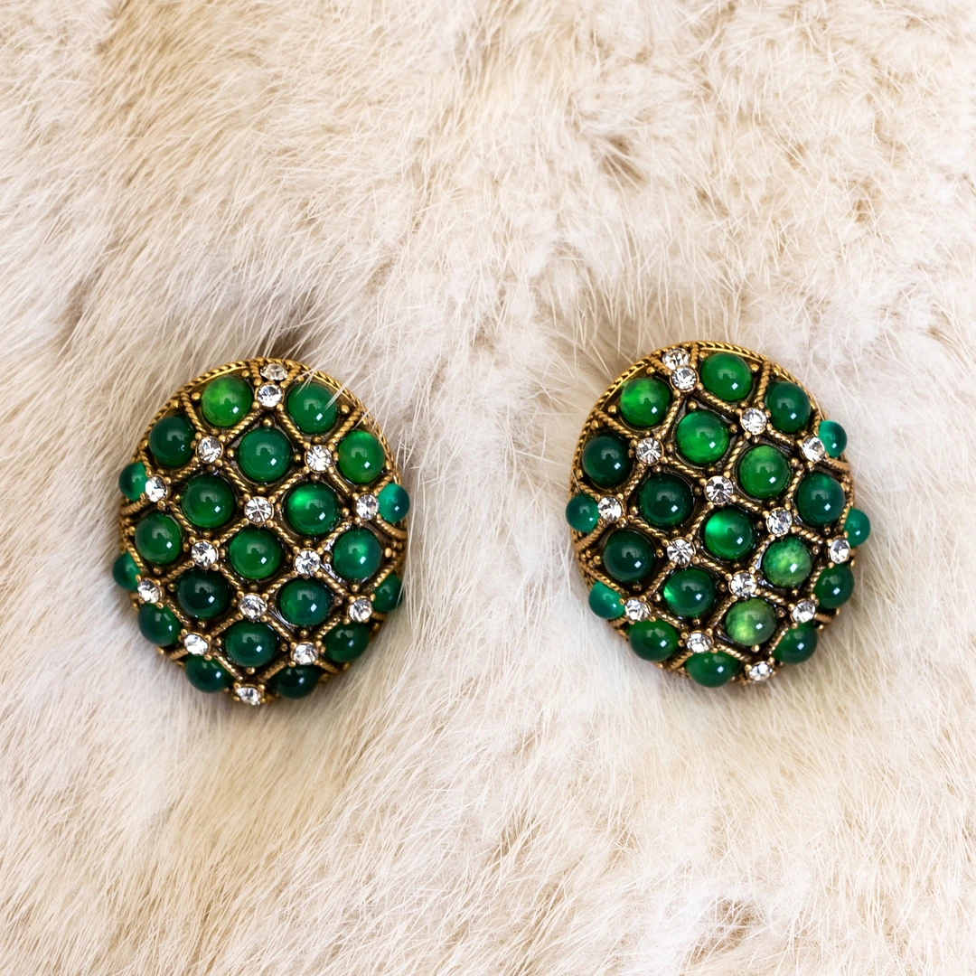 铜合金琉璃耳饰 铜合金翠绿石头椭圆新中式气质耳饰【美茜专属】