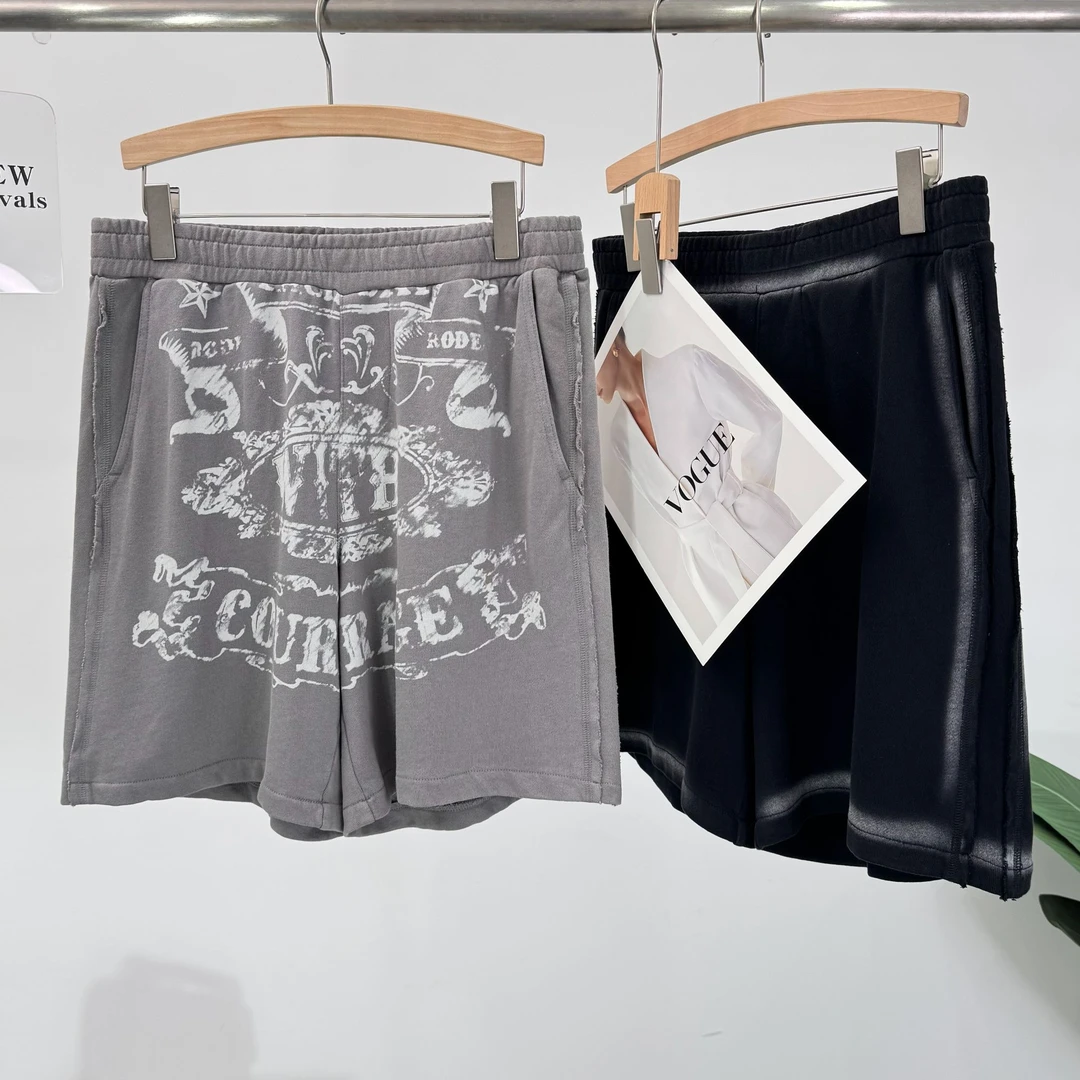 B430高街欧美风嘻哈重工字母印花短裤夏季青年灰色宽松薄款五分裤