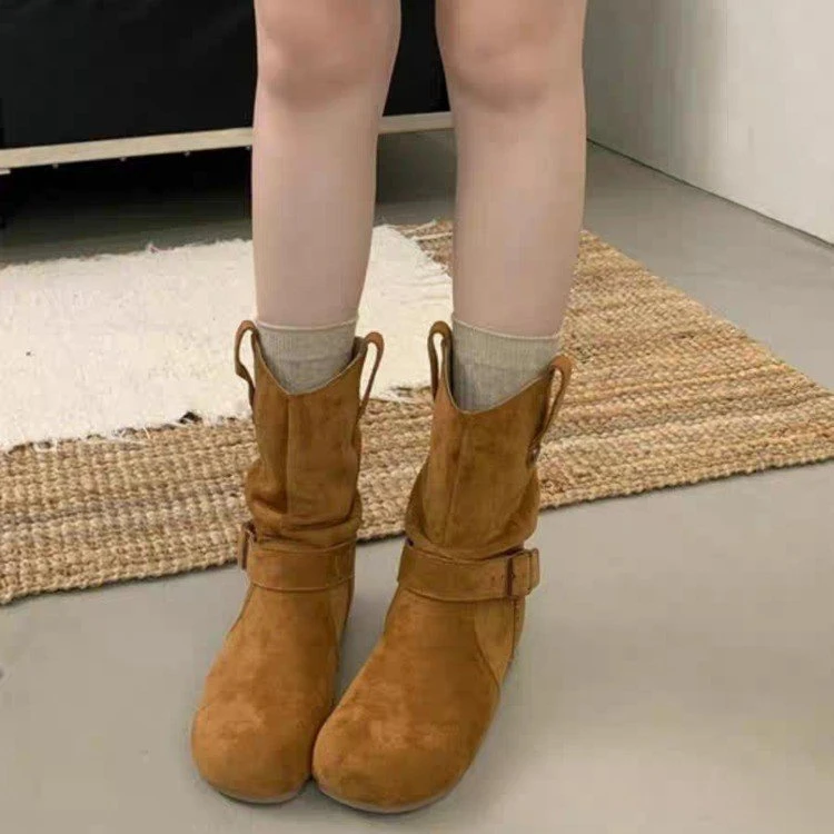 复古内增高短靴女2025秋冬新款丑萌堆堆厚底马丁靴勃肯西部牛仔靴