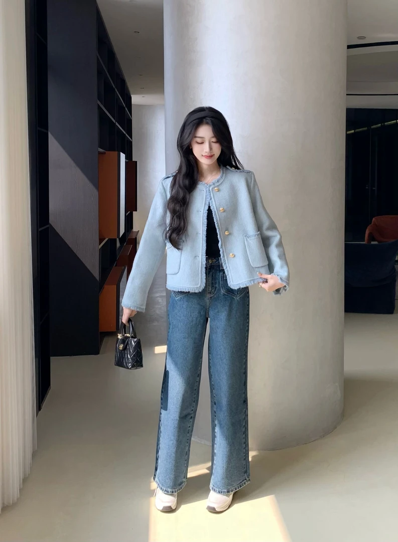 【沐静静】506春款设计风流苏双面呢百搭宽松绵羊毛休闲时尚大衣