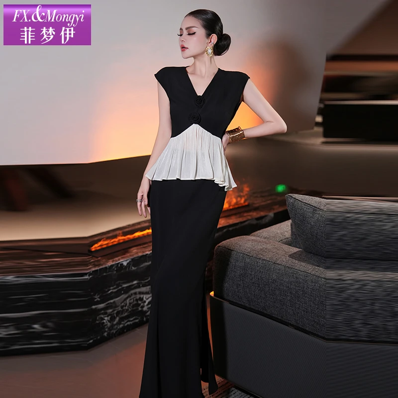 菲梦伊贵气感御姐穿搭套装女夏季轻熟荷叶边收腰上衣开叉包65739