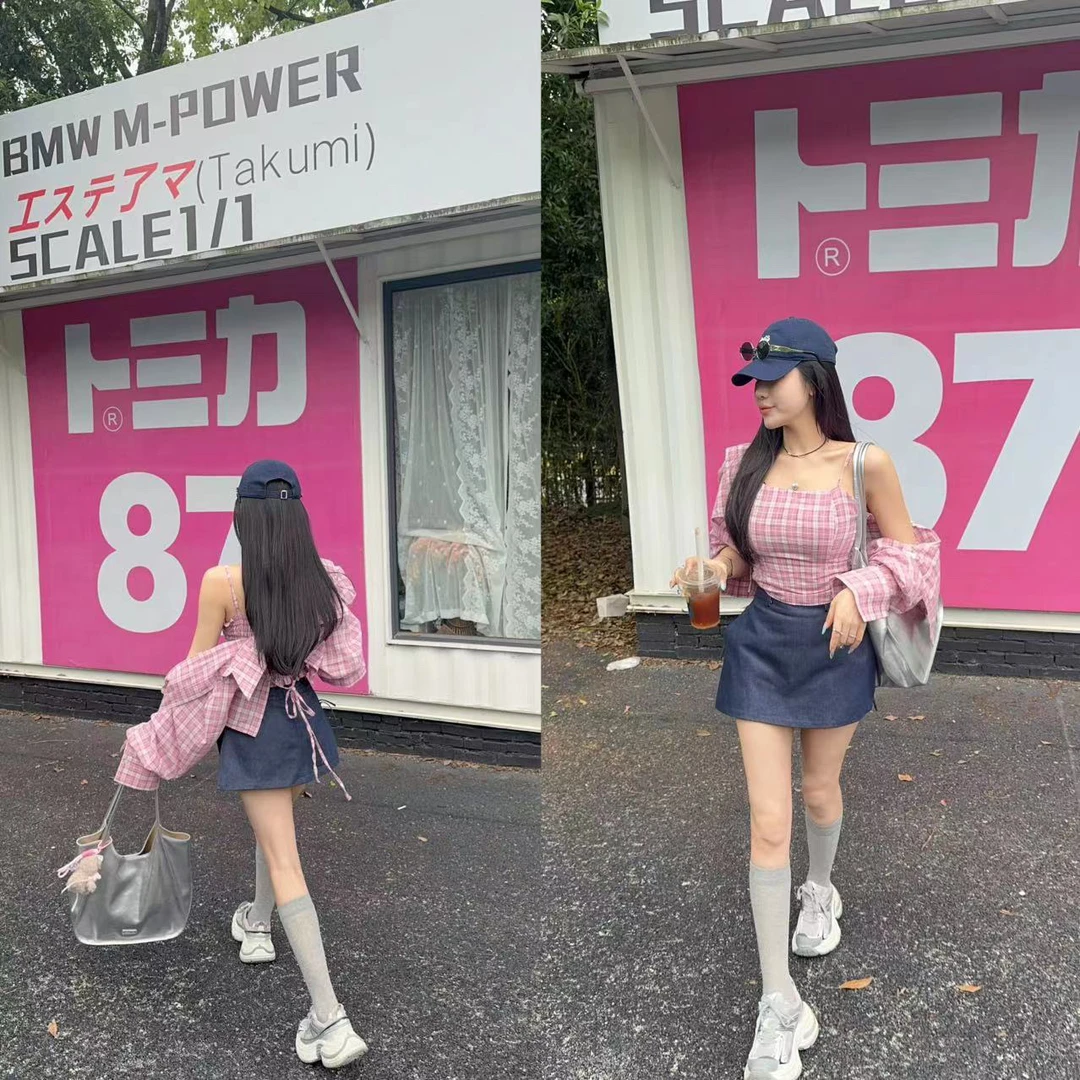 LIN-【甜莓汽水】格子吊带衬衫两件套➕藏青色裙裤