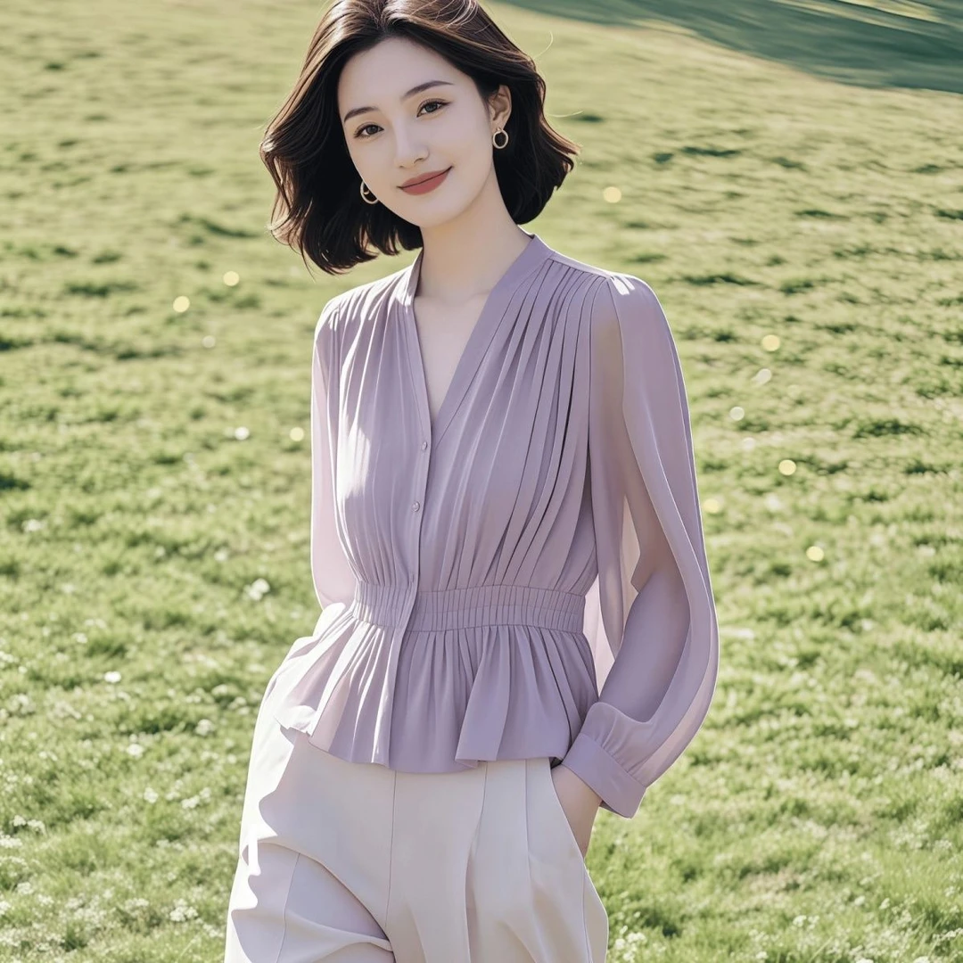 春夏款裙摆收腰上衣法式通勤穿搭设计感V领洋气小衫紫色衬衫女装