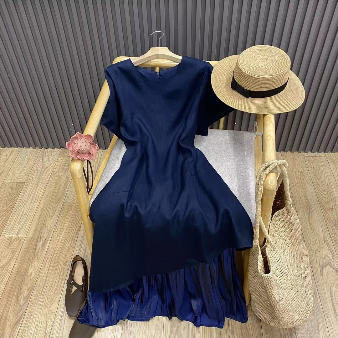 拼接假两件亚麻连衣裙短袖不规则下摆宽松显瘦简约长裙女Q26003
