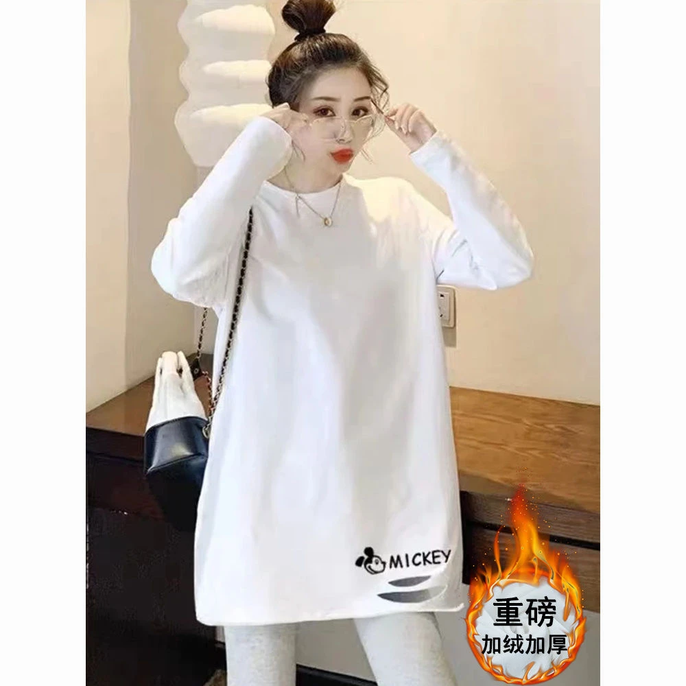米奇白色长袖t恤女秋冬2024新款时尚宽松休闲破洞加绒打底衫上衣