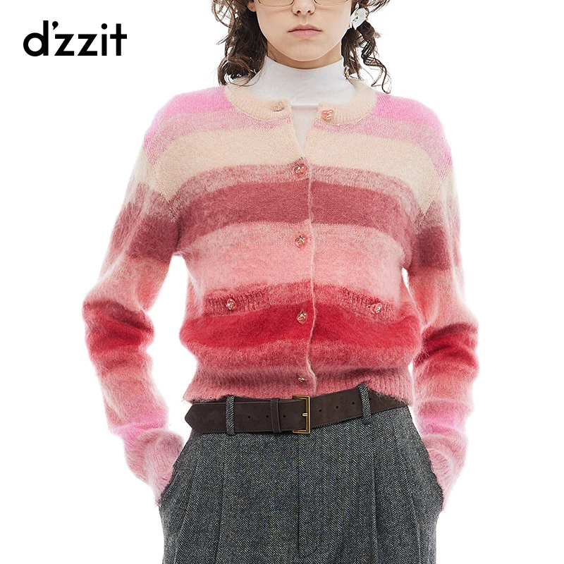 dzzit地素针织衫冬季多巴胺彩条羊毛马海毛混纺开衫女3I4E530