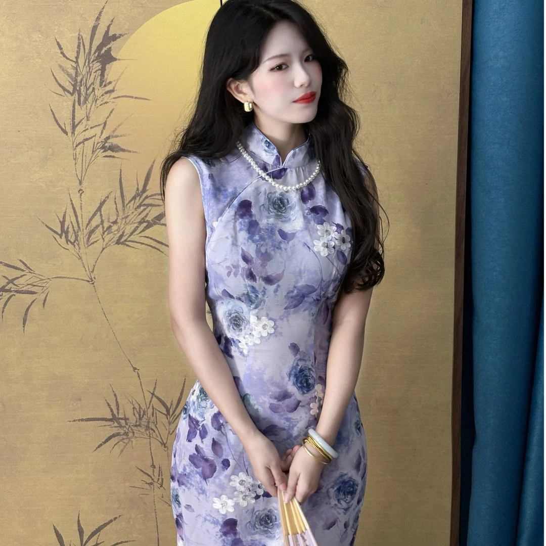 画报夫人原创港工绣花显瘦新中式国风紫色旗袍 紫雾飘香