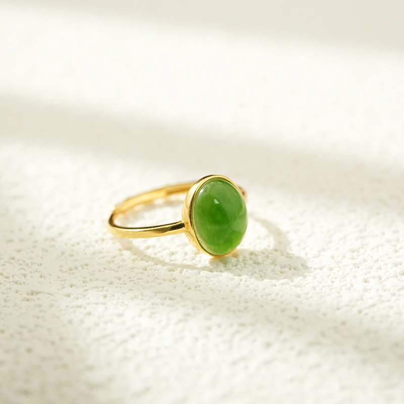 新疆和田玉碧玉戒指菠菜绿蛋面戒指银镶碧玉戒指简约女