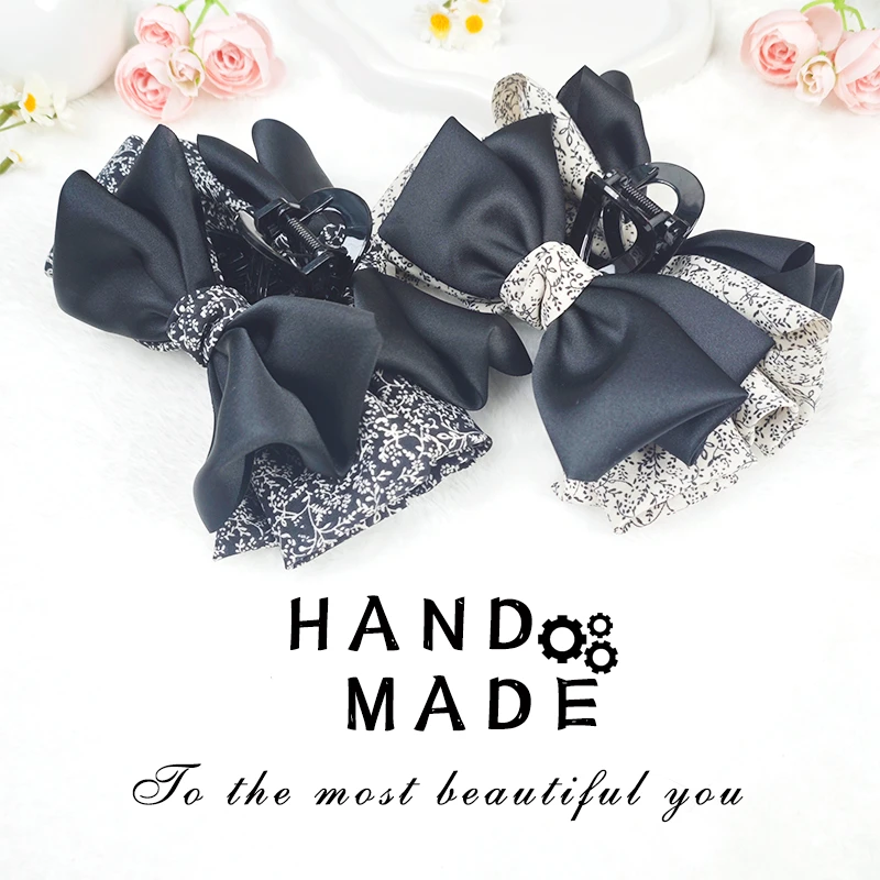 Z-091缎面高级感碎花蝴蝶结抓夹女2025年新款百搭后脑盘发鲨鱼夹