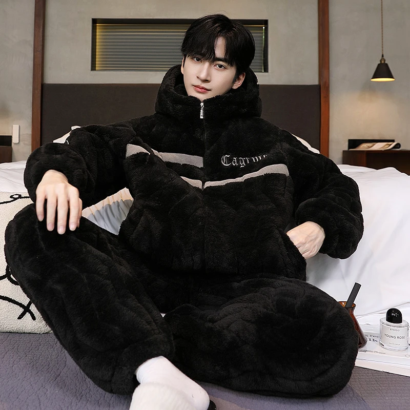 三层夹棉睡衣男士秋冬季保暖珊瑚绒加绒加厚冬天款连帽家居服套装