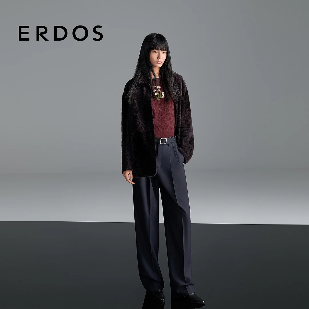 ERDOS 女士休闲长裤25年早秋新品精纺绒毛哔叽面料女士百搭阔腿裤