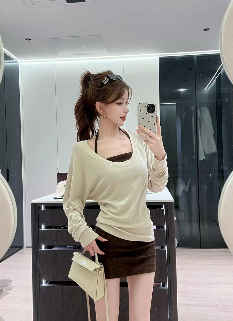 松弛感圆领罩衫时尚叠穿修身显瘦挂脖吊带➕长袖 T恤两件套