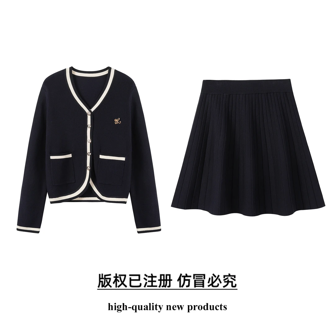 奢姿大码女装2025秋季时尚学院风刺绣针织套装胖妹妹气质两件套