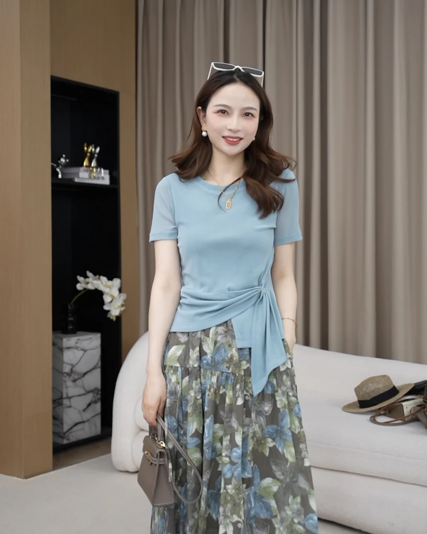 【腰带网纱T】夏季透气洋气收腰短袖显瘦上衣