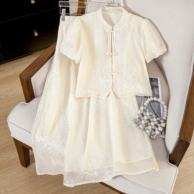 她池2025夏季新款女新中式上衣搭半身裙两件套时尚套装T52B1683N