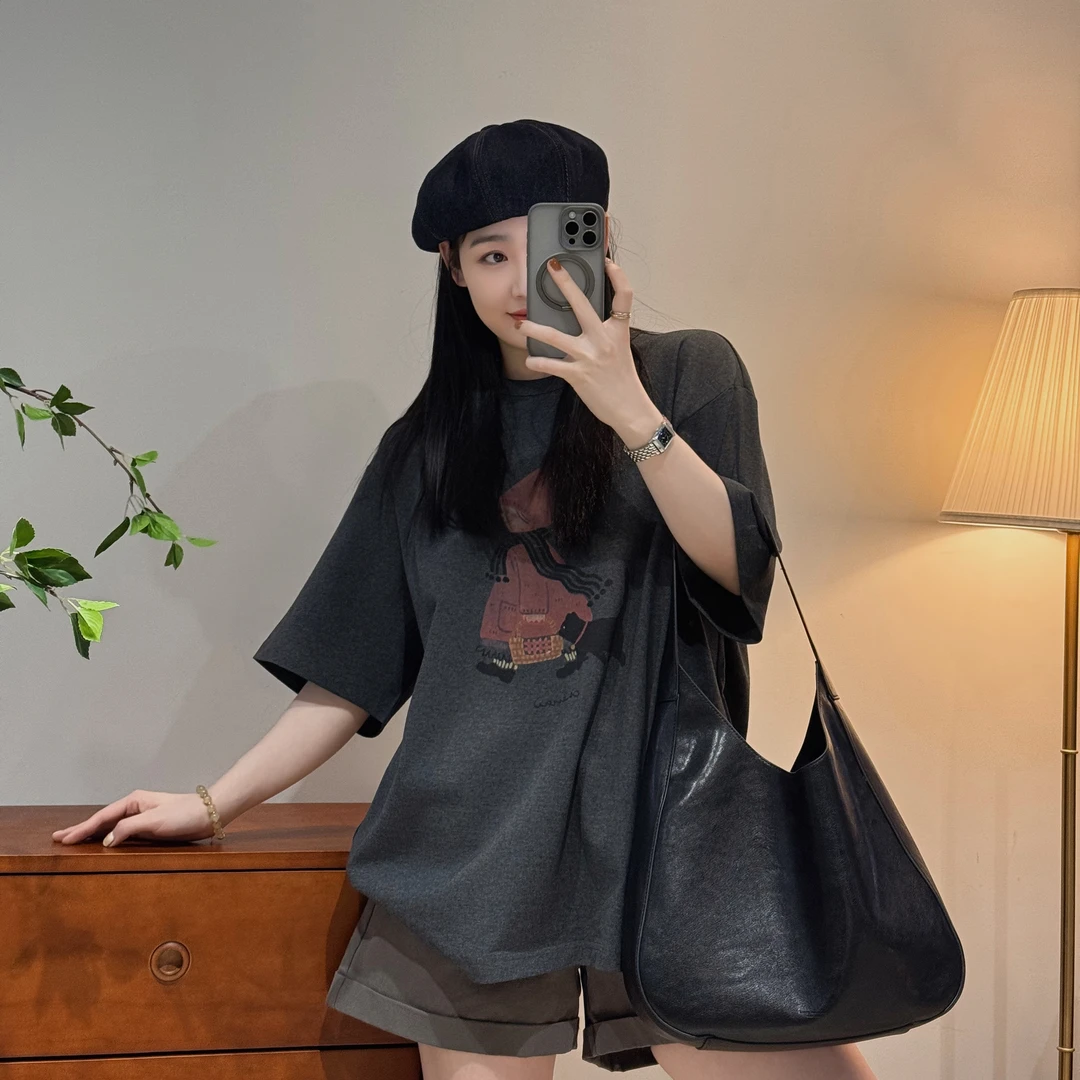 今婷韩系休闲时尚百搭简约宽松舒适印花圆领短袖T恤女-M25202335