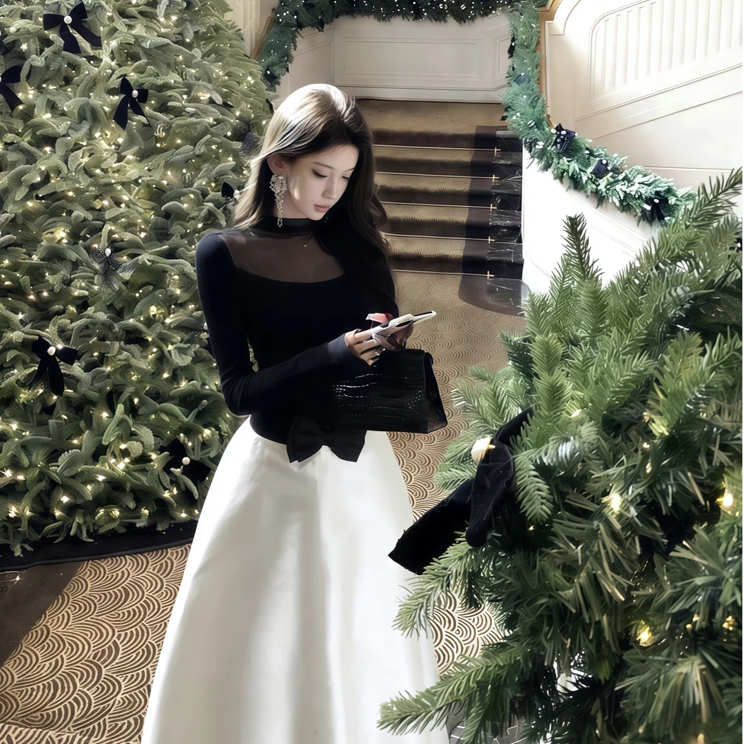 instahot 法式赫本风优雅网纱上衣缎面半身裙套装秋冬年会连衣裙