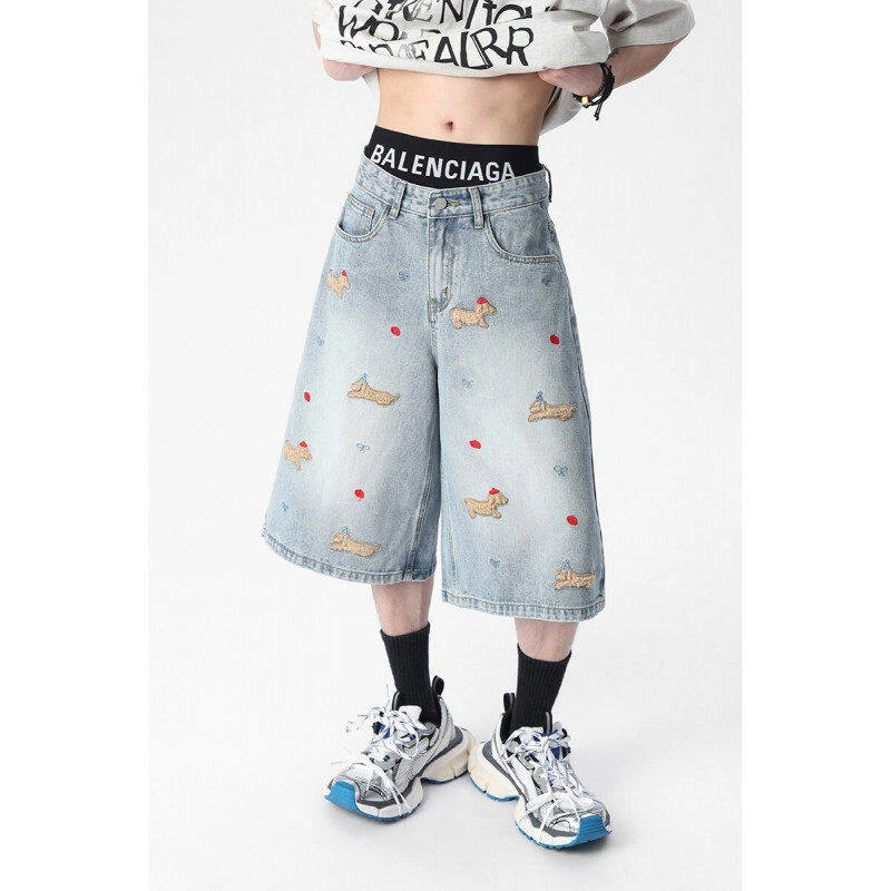 腊肠狗绣花高质量男女同款情侣牛仔7分裤