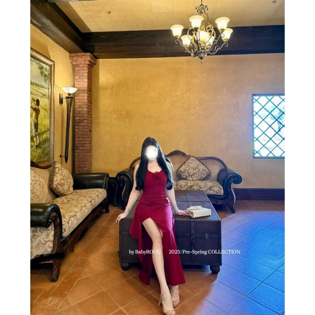 法式复古仙女裙收腰显瘦挂脖裙开叉长裙（无胸垫）