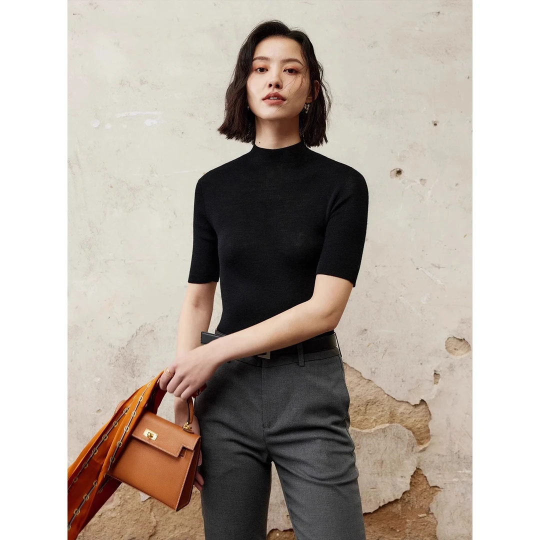 气质黑色半高领冰丝针织短袖女夏季百搭修身打底衫五分袖黑色上衣