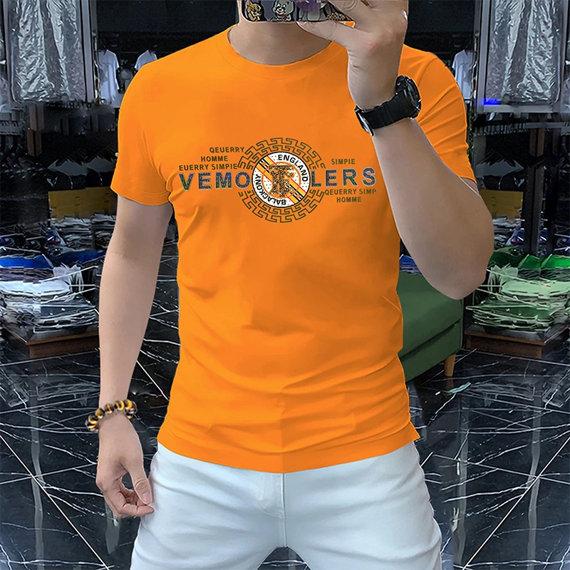 2025夏季新款男士潮流时尚半袖欧美时尚烫钻欧洲站货圆领修身冰丝