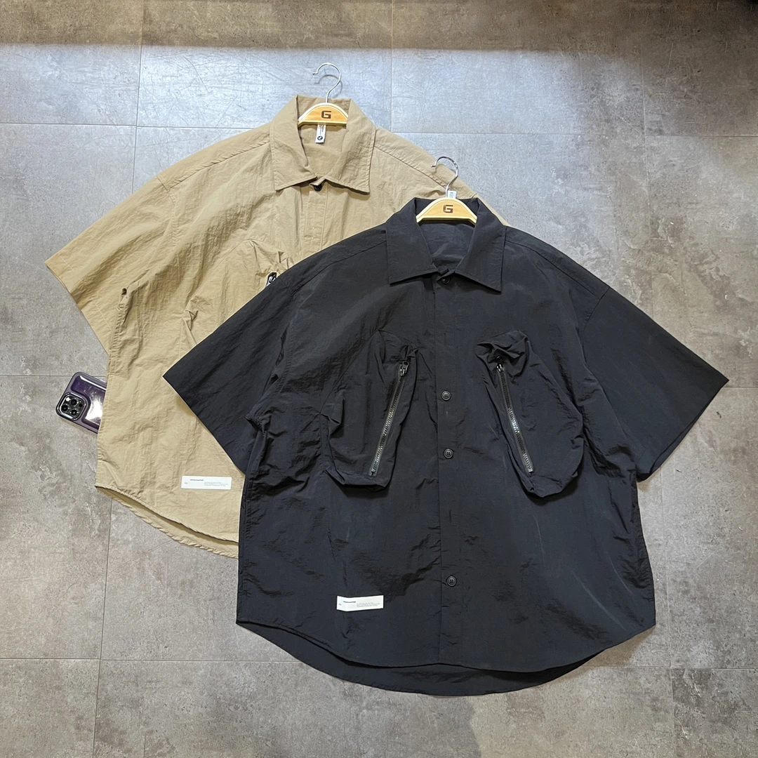 HB377 国潮宽松cityboy拉链口袋纯色工装衬衣短袖衬衫阔版夏季