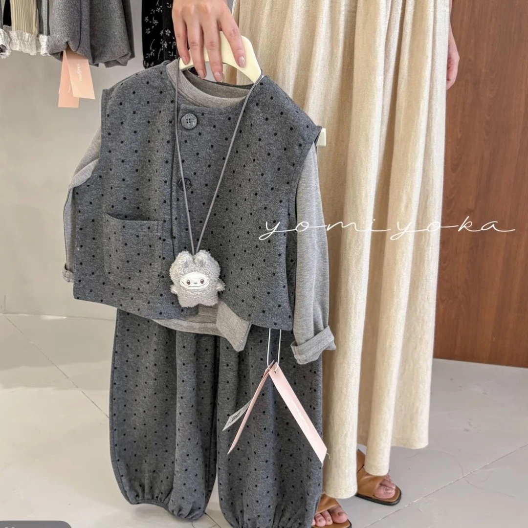 韩版儿童波点马甲套装2025秋装新款女童洋气时尚灯笼裤三件套