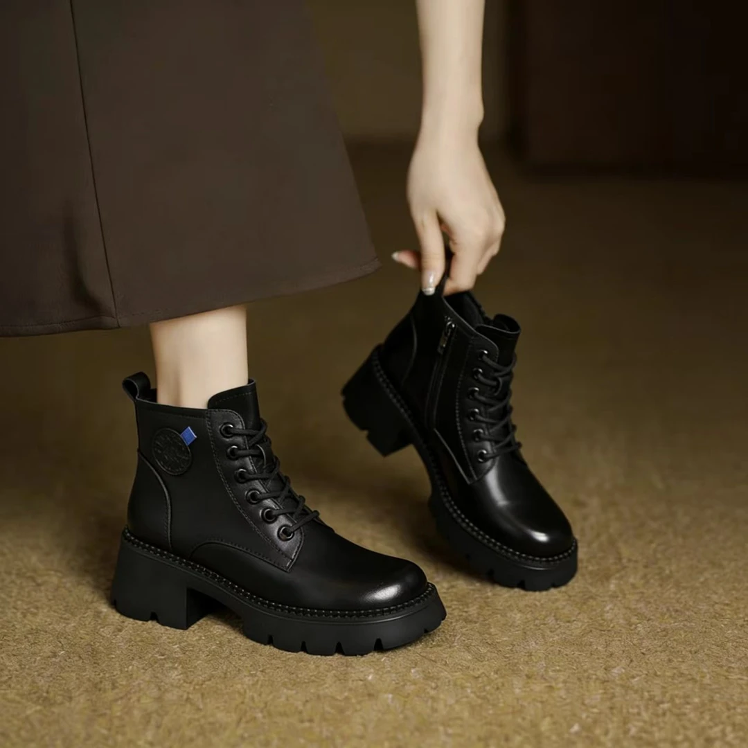 【头层牛皮-清仓】2025秋冬新款真皮头层牛皮粗跟马丁靴女英伦风