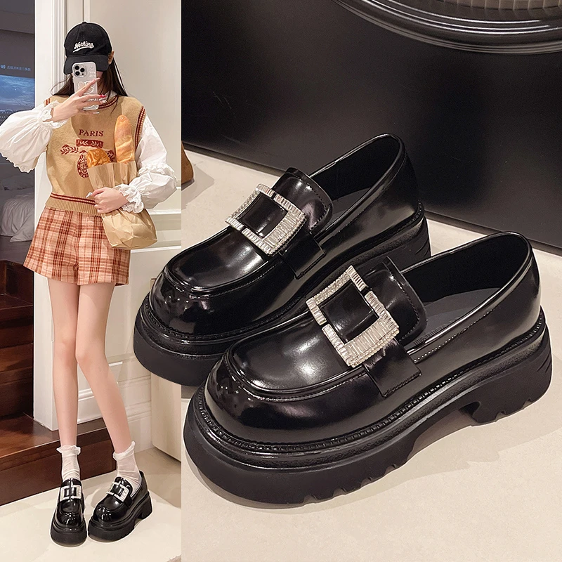 厚底乐福鞋女2025爆款春夏季超轻单鞋英伦风水钻小皮鞋高跟女鞋