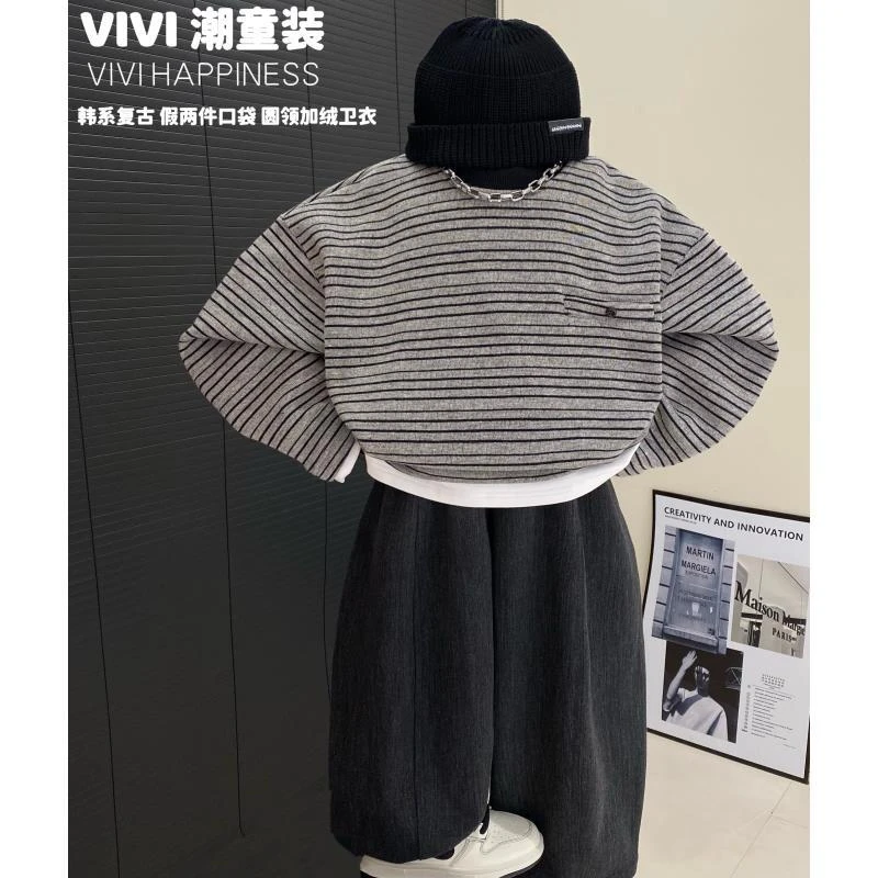 【现货】VIVI童装【韩系复古】冬款中大童条纹假两件口袋加绒圆领卫衣