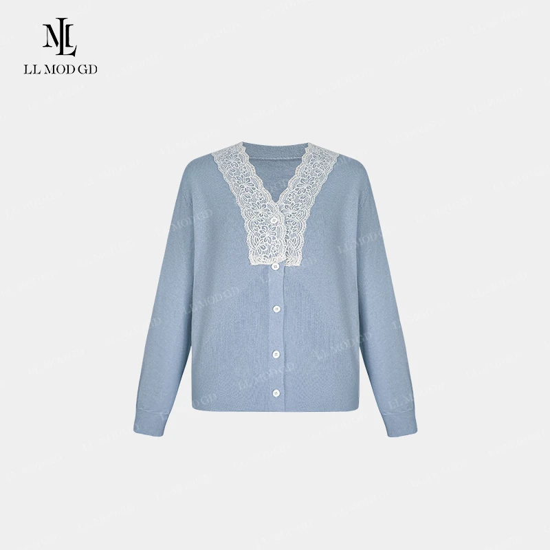 风铃雏菊  V领蕾丝拼接珍珠扣针织开衫显瘦软糯上衣 CY-260250