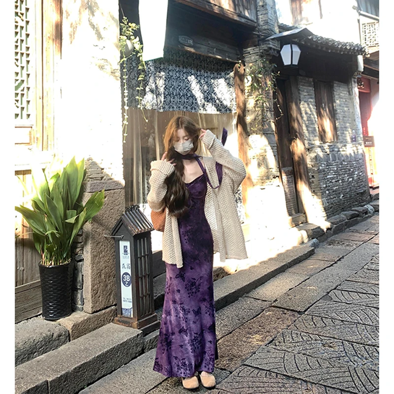parkyeon新中式国风镂空长袖针织开衫女秋季碎花吊带连衣裙套装