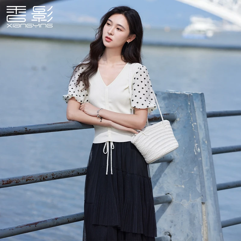 【粉丝专属】M85S183毛针织衫 香影泡泡袖v领针织衫上衣女夏装