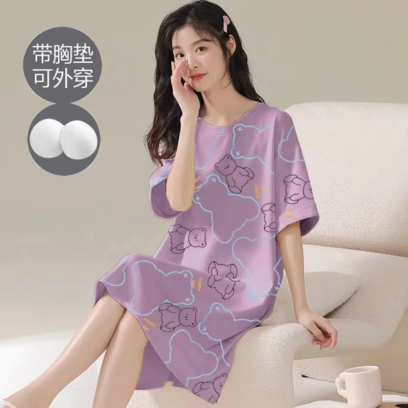紫色小熊带胸垫睡裙女夏季宽松薄款一体夏款睡衣短袖风韩范可外穿