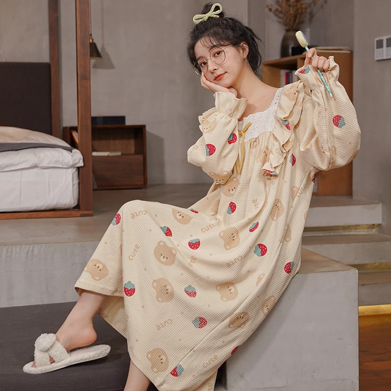 长袖睡裙女春秋季2025年新款睡衣过膝长款加大码宽松胖MM家居服