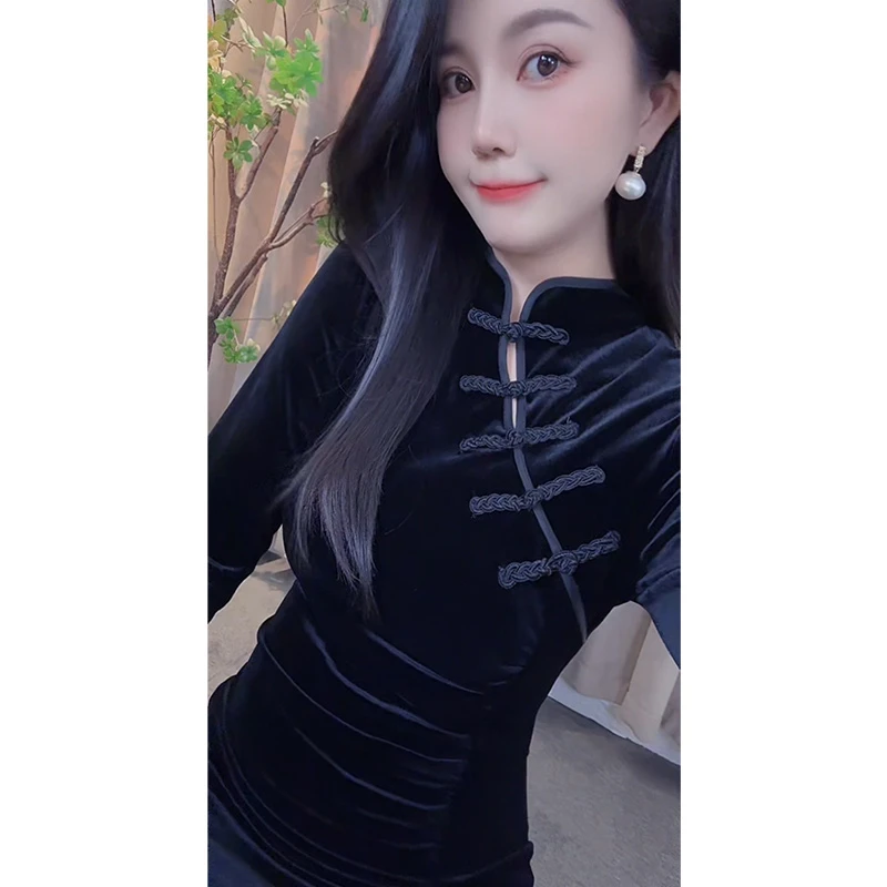 显瘦长袖刺绣长袖低开衩提花旗袍修身中式收腰裙子黑色气质连衣裙