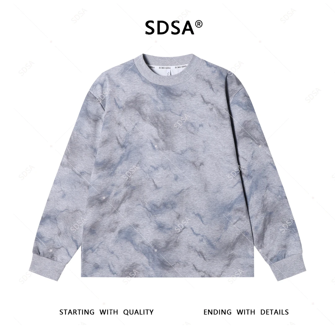 SDSA男士2025新款轻奢痞帅男装扎染设计圆领长袖T恤简约韩版上衣