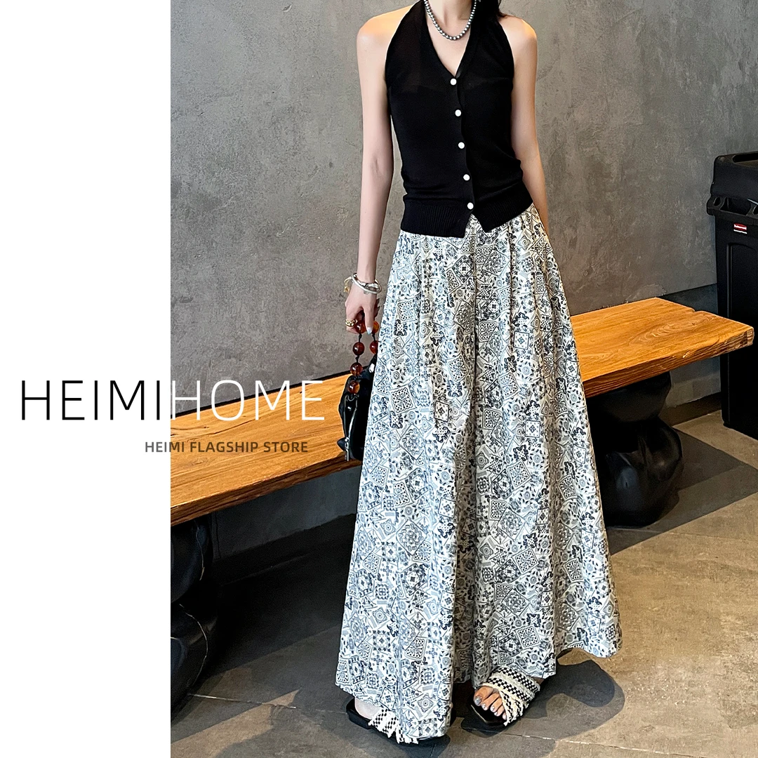 复古重工印花阔腿裙裤女夏季薄款高腰垂感大裤脚休闲裤压褶防晒裤