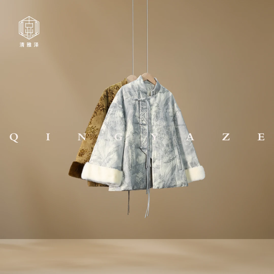 清风徐！人丝肌理提花拼水貂毛新中式鹅绒外套！GZ5281