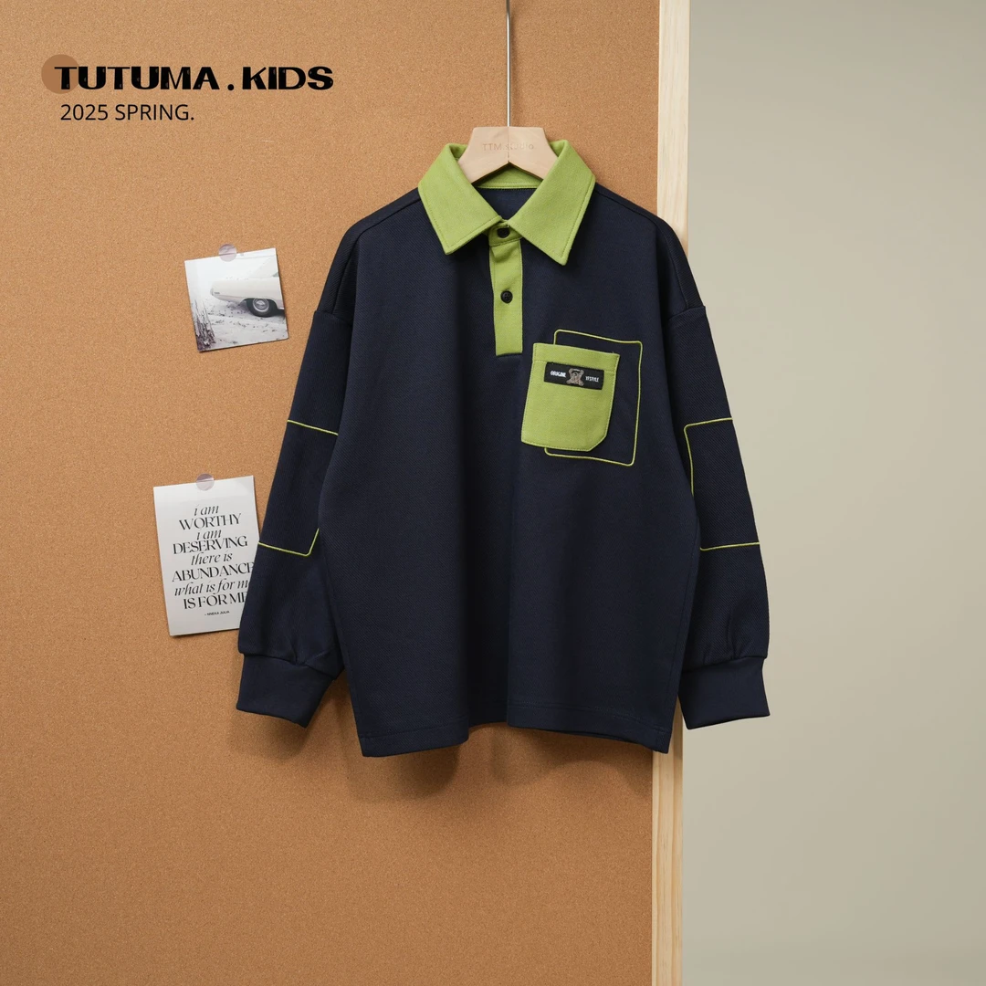 【现货春季新品】男女童潮酷复古撞色POLO衫卫衣2025韩版设计感上衣