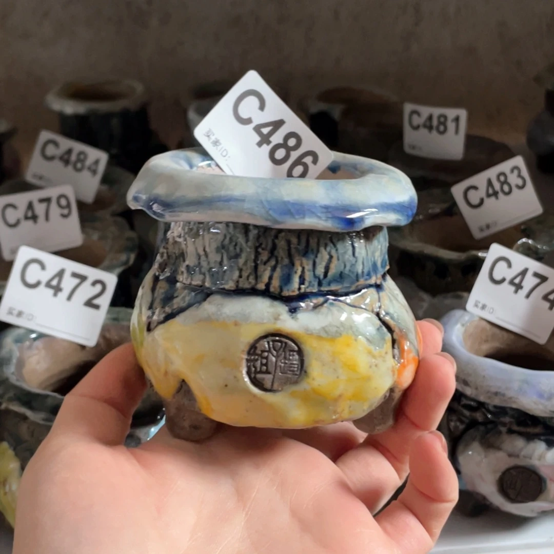 紫砂花盆老版 油画山石孤品 小号 内口5