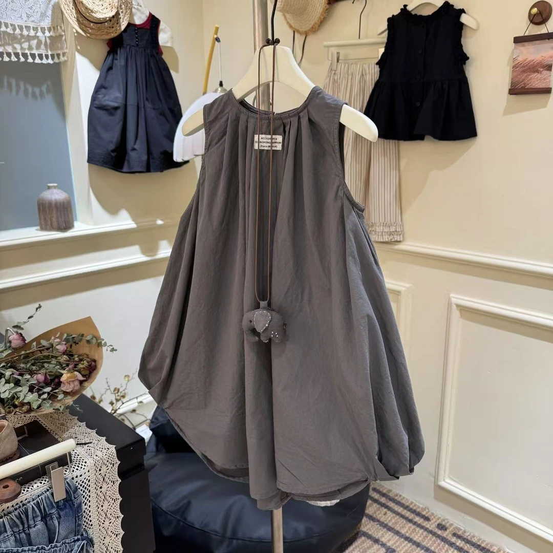 【卢斯日记】夏季无袖女童连衣裙宽松长款纯色韩版气质休闲百搭简约