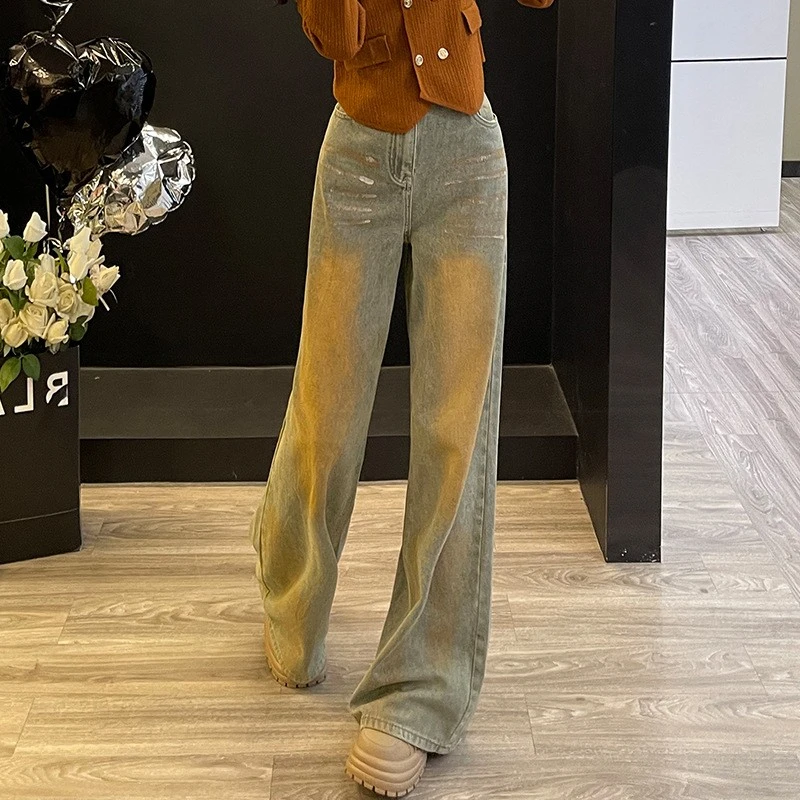 复古做旧高腰阔腿牛仔裤女2025春夏新款宽松小众个性高街直筒裤子