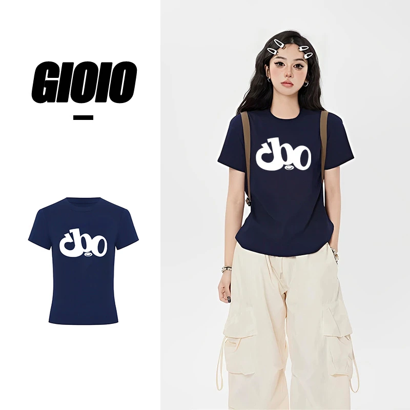 辣妹夏季新款休闲圆领短袖小众印花设计款正肩修身女上衣T恤