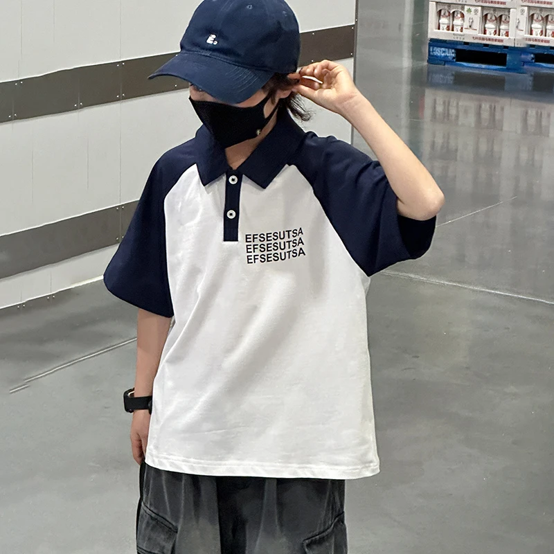 男童夏季撞色短袖polo衫日系风中大童男孩童装上衣2025新款百搭