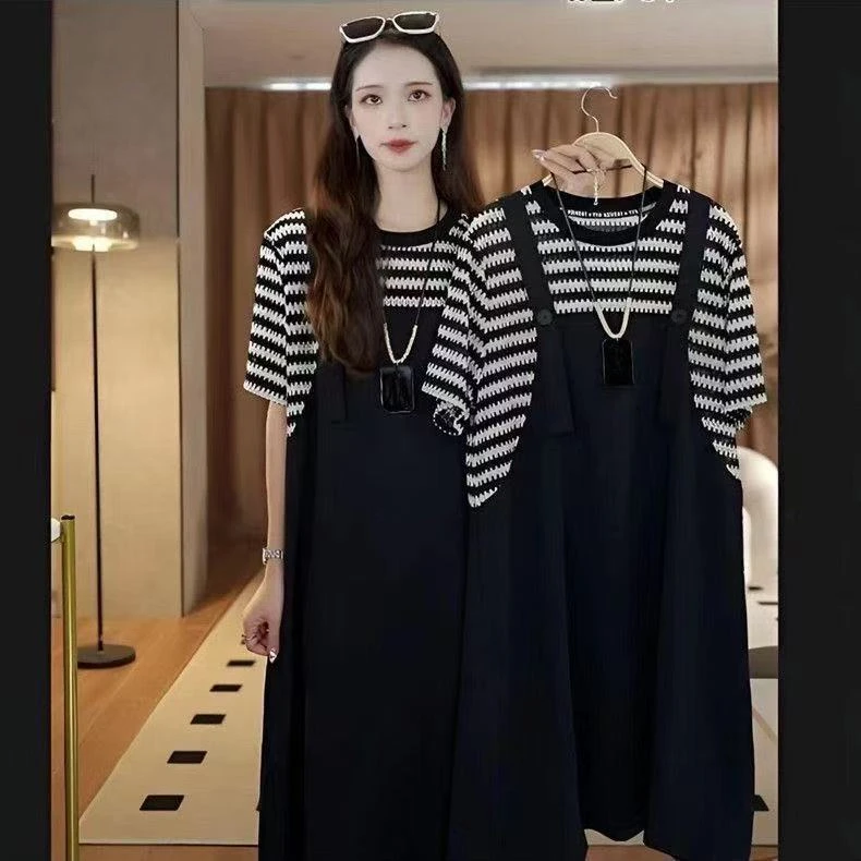 宽松夏季拼接遮肉短袖裙子假两件休闲显瘦连衣裙条纹气质MM辣妈