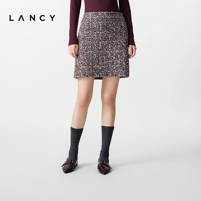 LANCY/朗姿2025冬新款小香风粗花呢直筒半身裙秋气质高腰短款半裙