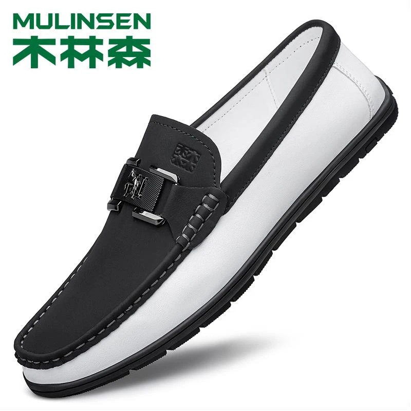 木林森秋季豆豆鞋男真皮一脚蹬软底休闲皮鞋懒人驾车百搭透气男鞋