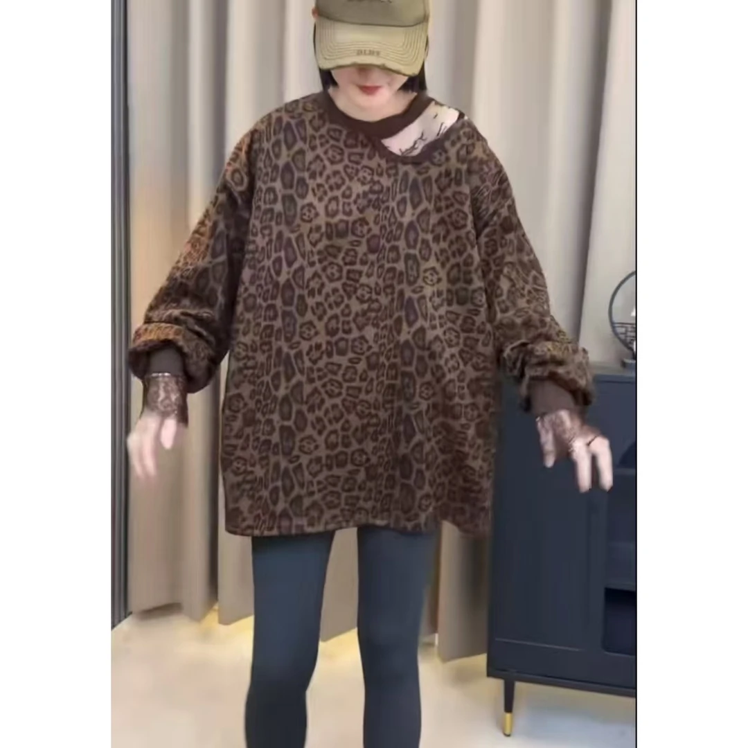 王美丽专享大码定制蕾丝镂空拼接性感显瘦豹纹卫衣大衫6132